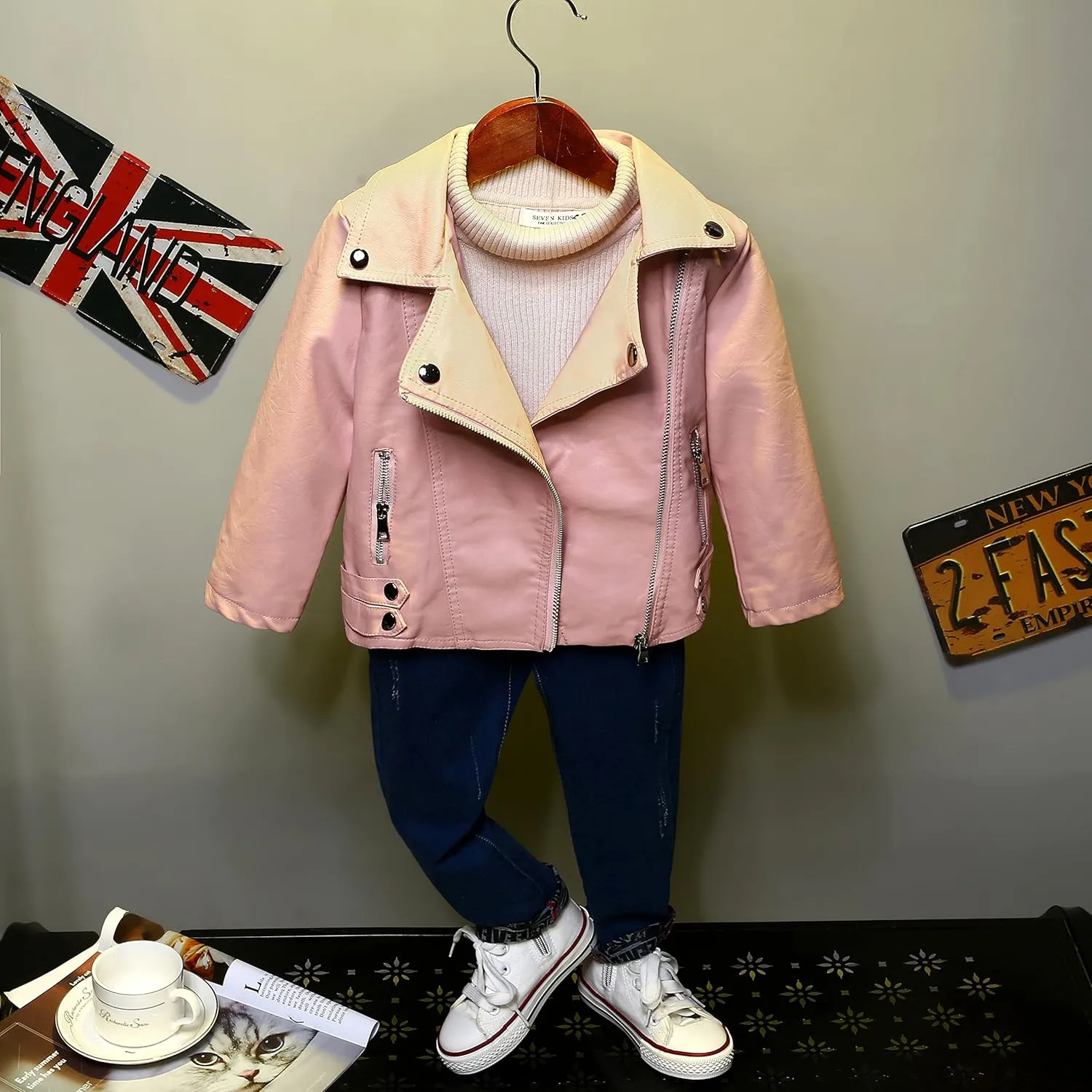 Girls Boys Biker Jacket Faux Leather Rivets Leather Motor Jacket For Kids 3-12Years