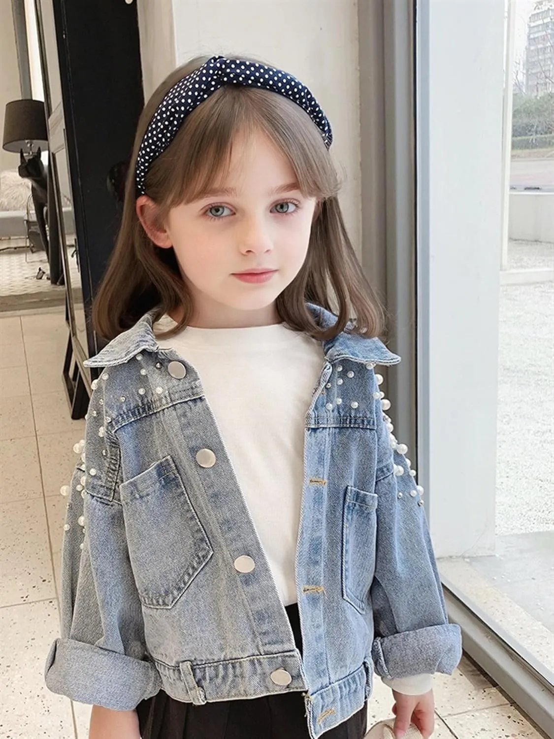 Girls' Classic Pearls Denim Jackets Kids Button Down Jeans Jacket Top Coat Outwear