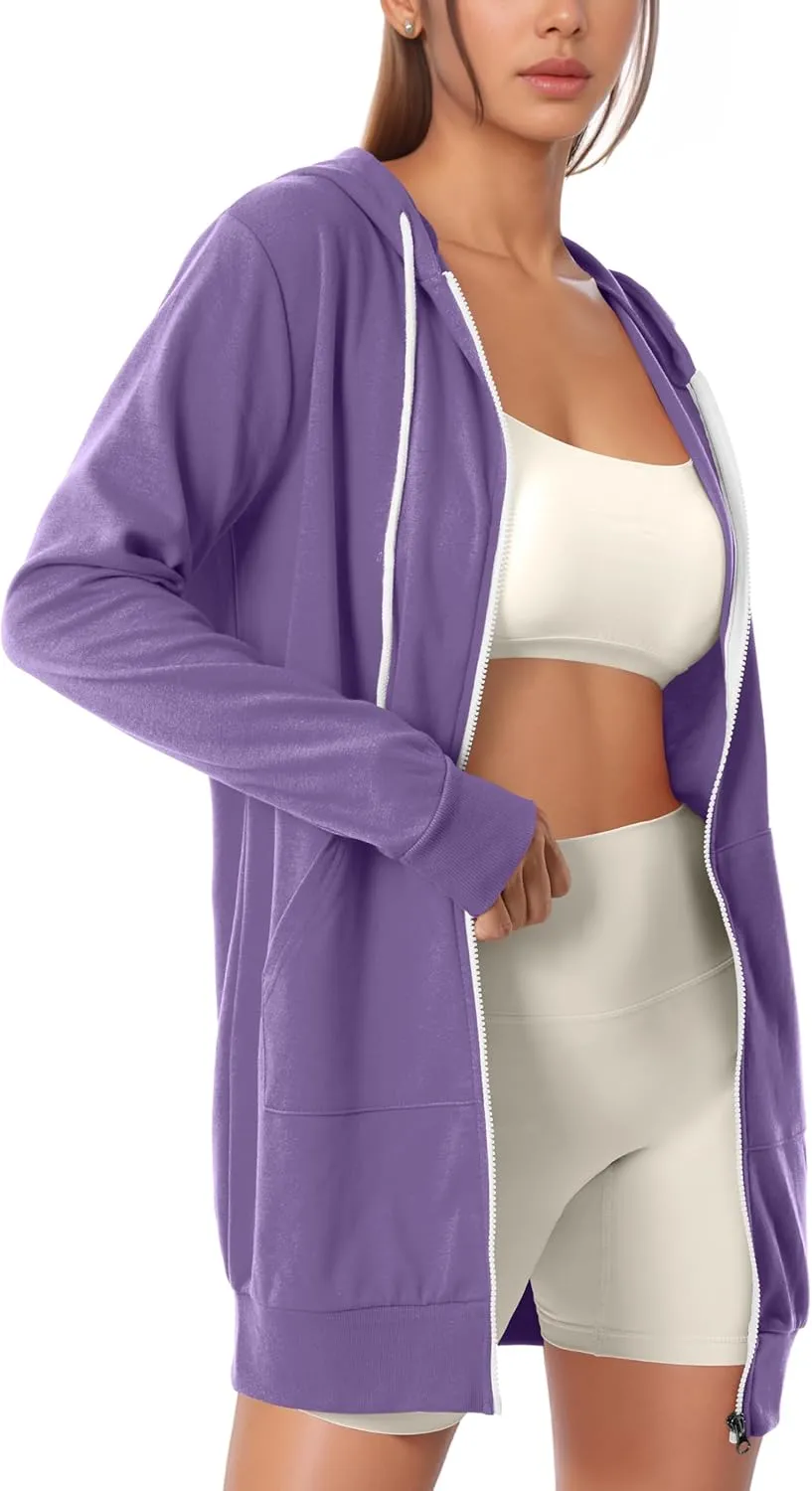 GIVON Womens Zip Up Long Tunic Hoodie Sweatshirt Lightweight Regular Fit Jacket with Pockets