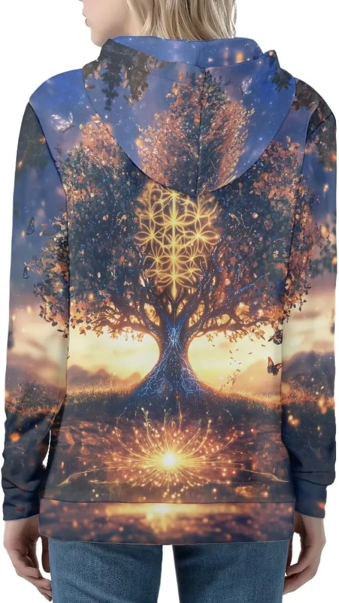 GLUDEAR Women Life Tree Graphic Print Zip Up Hoodies Novelty Viking Long Sleeve Hooded Sweatshirts Oversized Jackets