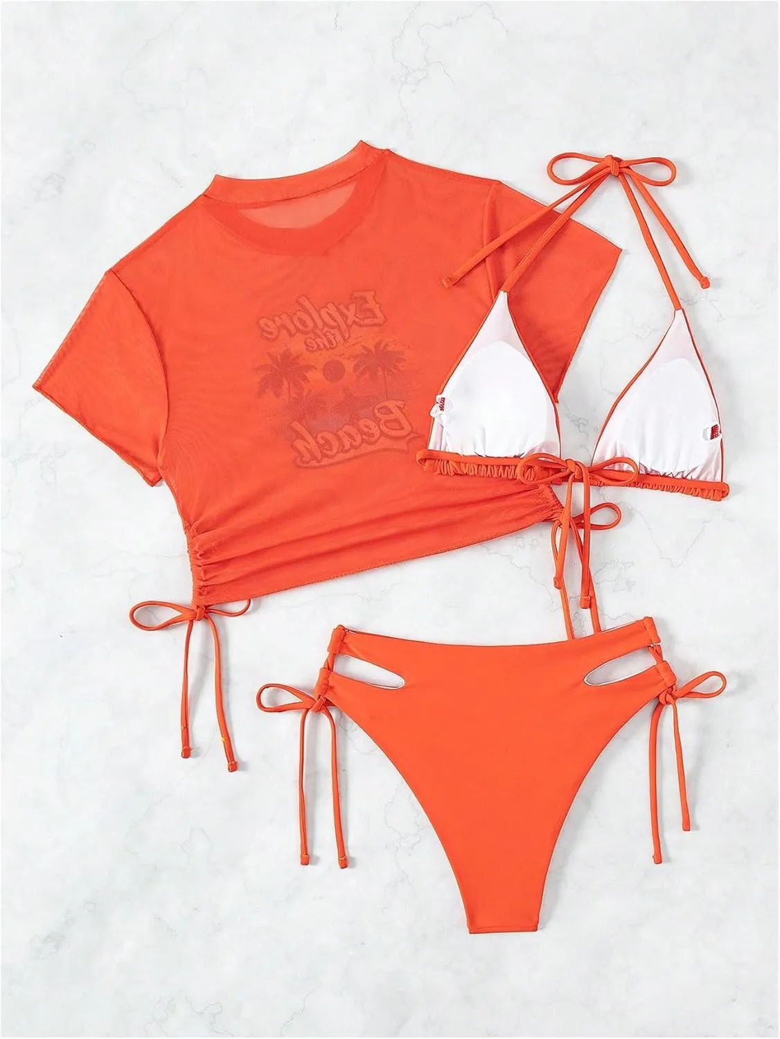 GORGLITTER Women's 3 Piece Halter Triangle Tie Side Bikini Swimsuit with Tropical Graphic Cover Up Set