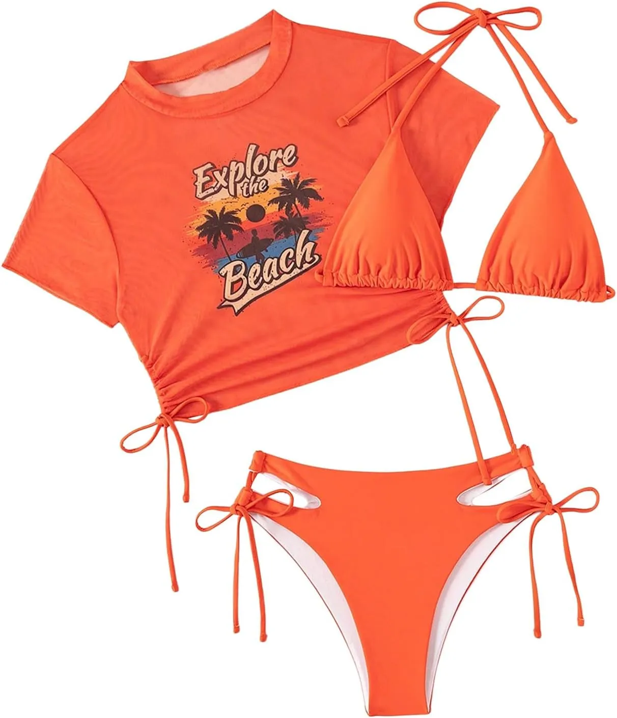 GORGLITTER Women's 3 Piece Halter Triangle Tie Side Bikini Swimsuit with Tropical Graphic Cover Up Set