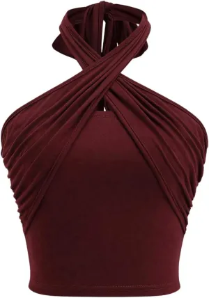 GORGLITTER Women's Wrap Cross Ruched Halter Top Tie Backless Camisole Sleeveless Crop Tops