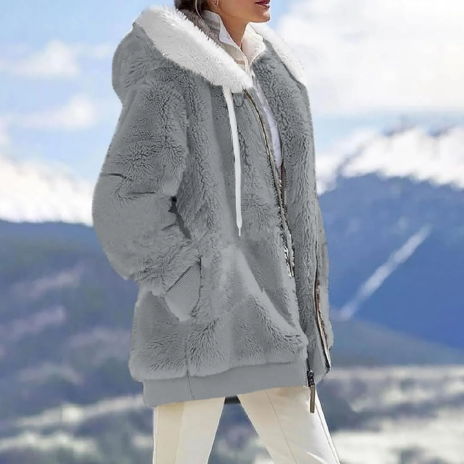 Gumipy Womens Fleece Zip Up Jacket Fuzzy Drawstring Sherpa Jacket Coat with Hood Plus Size Long Sleeve Hoodies with Pockets