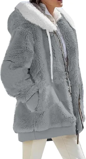 Gumipy Womens Fleece Zip Up Jacket Fuzzy Drawstring Sherpa Jacket Coat with Hood Plus Size Long Sleeve Hoodies with Pockets