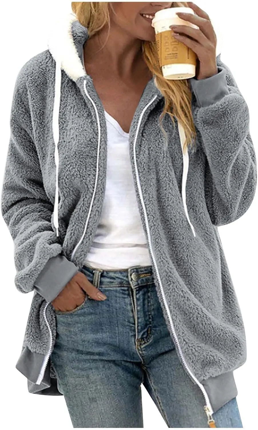 Gumipy Womens Fleece Zip Up Jacket Fuzzy Drawstring Sherpa Jacket Coat with Hood Plus Size Long Sleeve Hoodies with Pockets