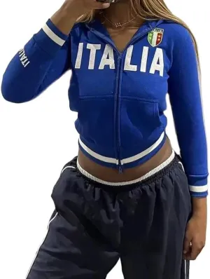 heyheyshine Women's Zip Up Hoodies Y2k Cropped Cardigan Jacket Italia Graphic Vintage Drawstring Hooded Sweatshirts