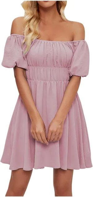 HGps8w Women's 2025 Summer Off The Shoulder Dress, Cute Puff Sleeve Ruffle Elastic Waist A-Line Casual Mini Dresses