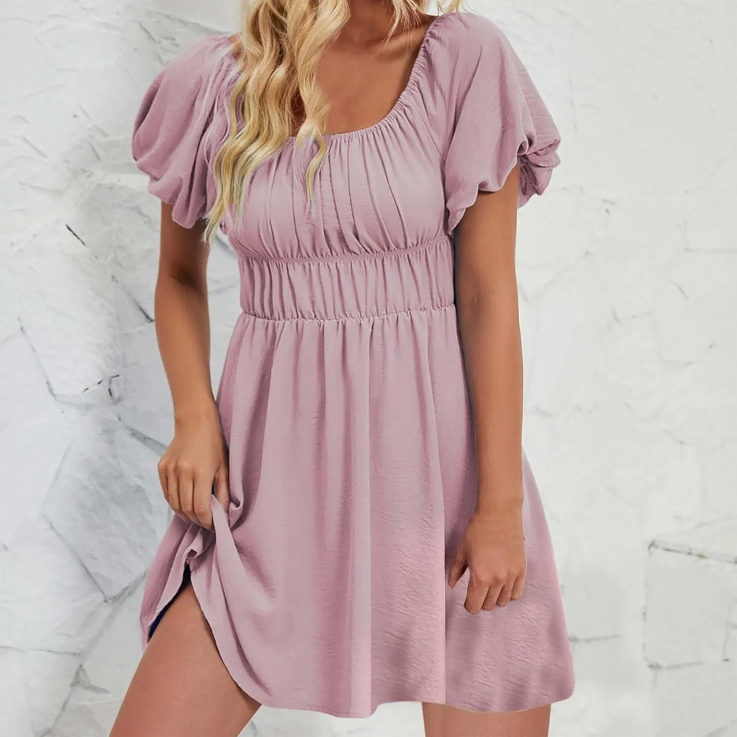 HGps8w Women's 2025 Summer Off The Shoulder Dress, Cute Puff Sleeve Ruffle Elastic Waist A-Line Casual Mini Dresses