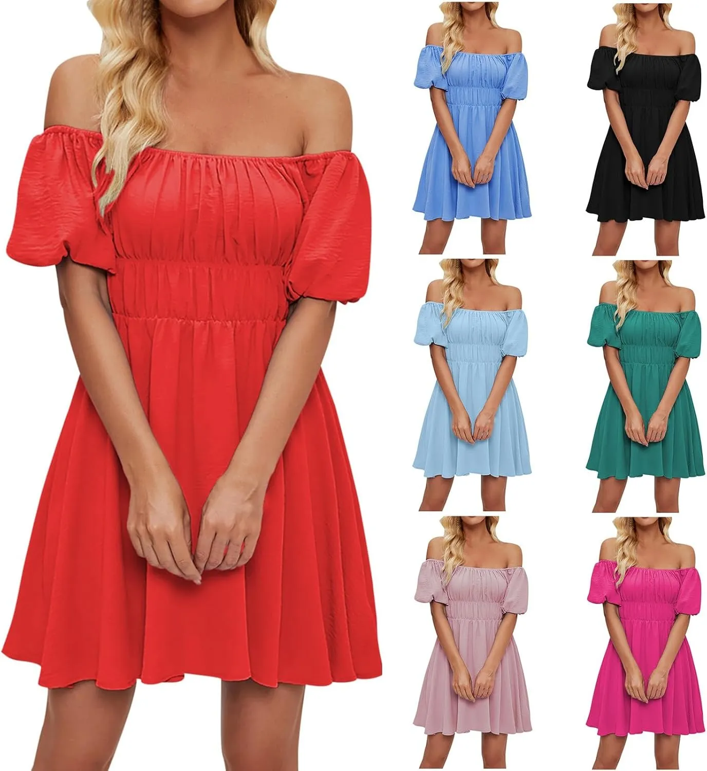 HGps8w Women's 2025 Summer Off The Shoulder Dress, Cute Puff Sleeve Ruffle Elastic Waist A-Line Casual Mini Dresses