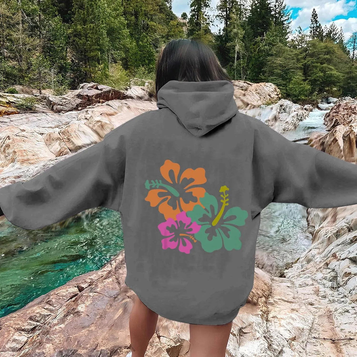 Hibiscus Flower Hoodie for Women Floral Pullover Sweatshirt Casual Oversized Hooded Top Pocket Streetwear Fall Fashion
