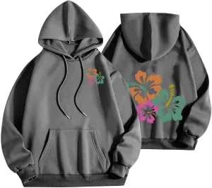 Hibiscus Flower Hoodie for Women Floral Pullover Sweatshirt Casual Oversized Hooded Top Pocket Streetwear Fall Fashion