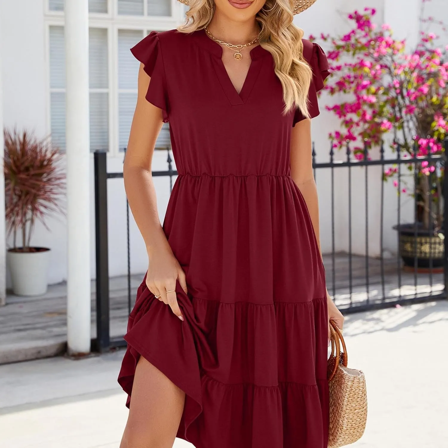 Holiday Ruffles Sleeve Boho Dress for Women Babydoll Collared V Neck Loose Swing Casual Short Tiered Mini Beach Dress
