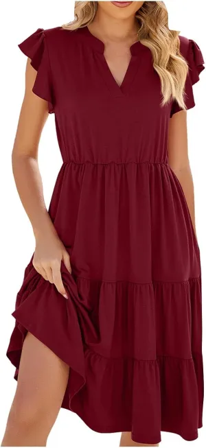 Holiday Ruffles Sleeve Boho Dress for Women Babydoll Collared V Neck Loose Swing Casual Short Tiered Mini Beach Dress