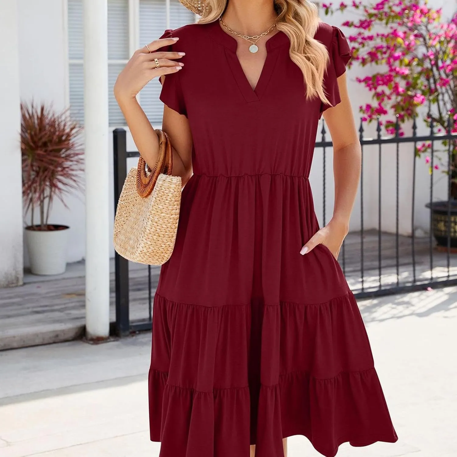 Holiday Ruffles Sleeve Boho Dress for Women Babydoll Collared V Neck Loose Swing Casual Short Tiered Mini Beach Dress