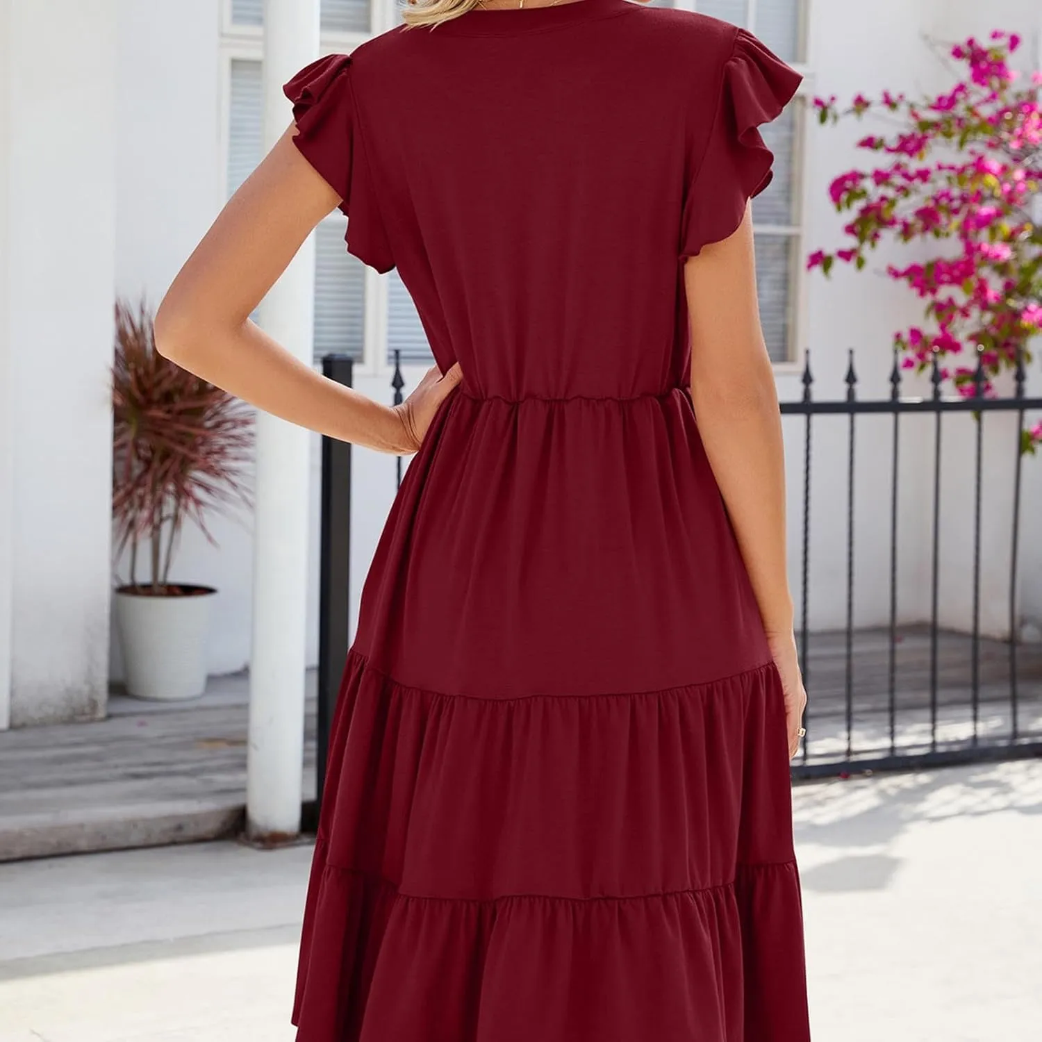 Holiday Ruffles Sleeve Boho Dress for Women Babydoll Collared V Neck Loose Swing Casual Short Tiered Mini Beach Dress