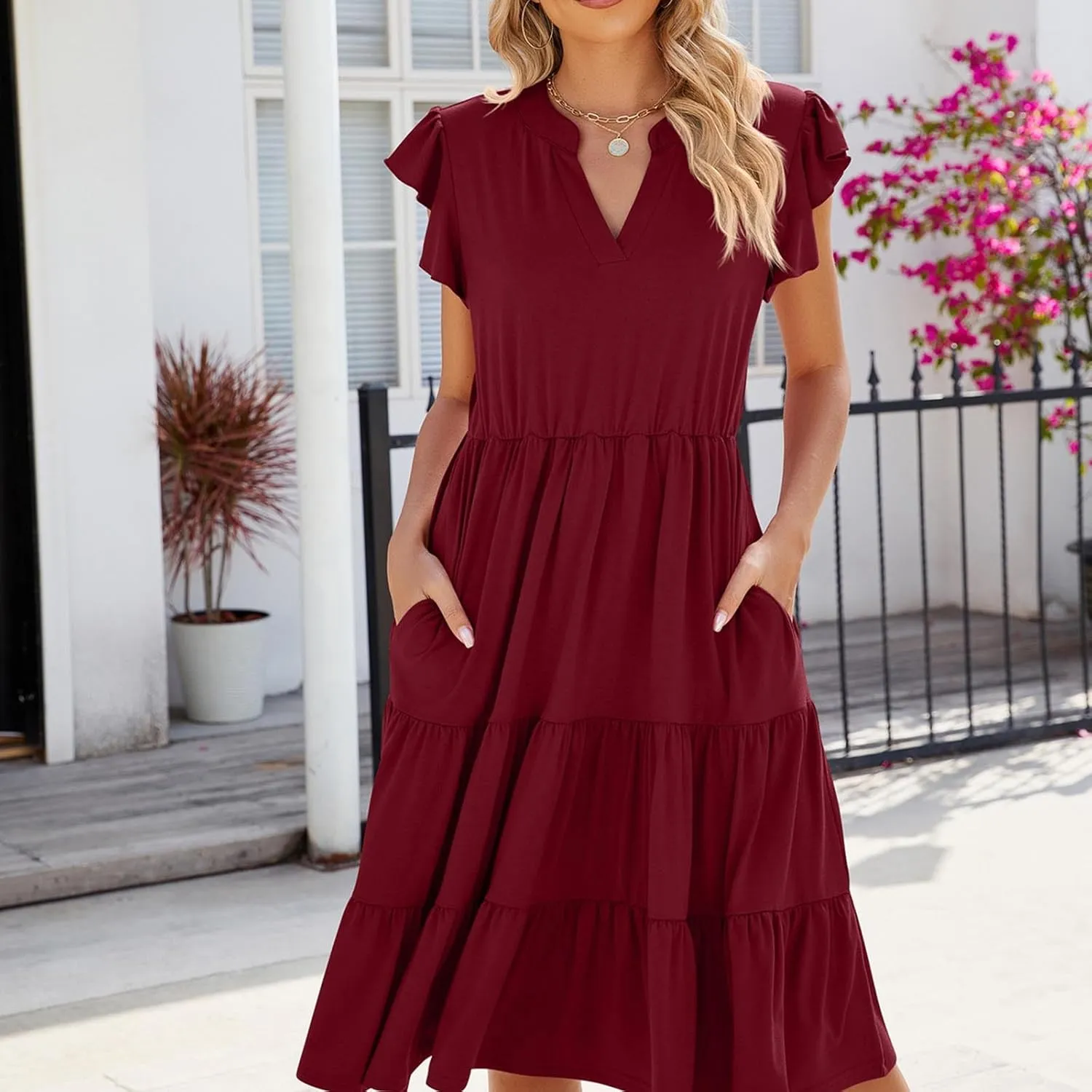 Holiday Ruffles Sleeve Boho Dress for Women Babydoll Collared V Neck Loose Swing Casual Short Tiered Mini Beach Dress