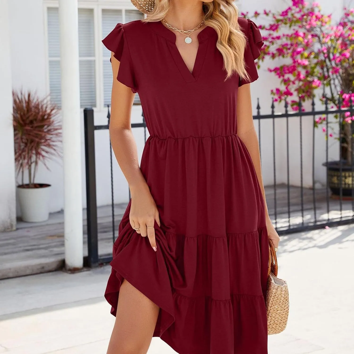 Holiday Ruffles Sleeve Boho Dress for Women Babydoll Collared V Neck Loose Swing Casual Short Tiered Mini Beach Dress