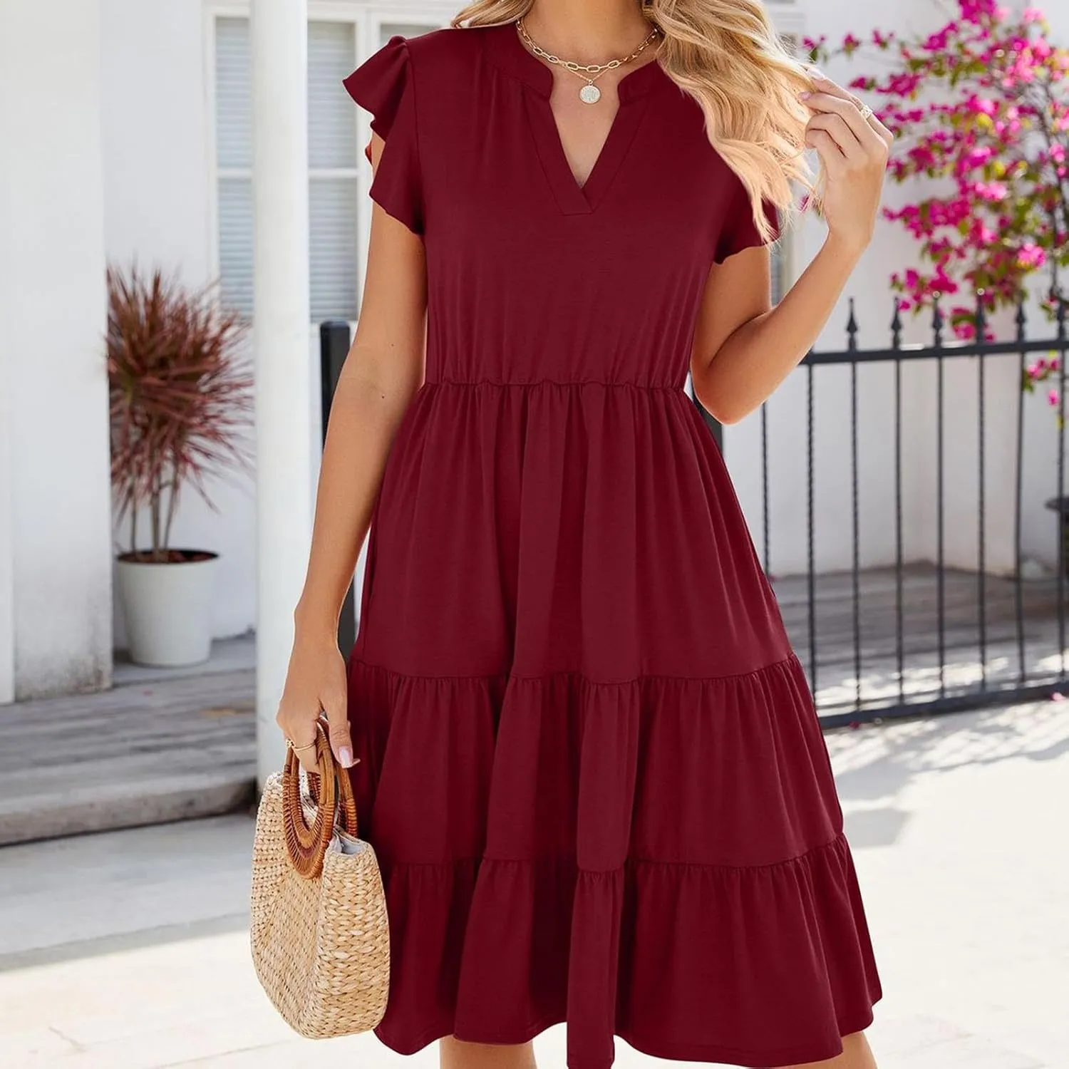 Holiday Ruffles Sleeve Boho Dress for Women Babydoll Collared V Neck Loose Swing Casual Short Tiered Mini Beach Dress