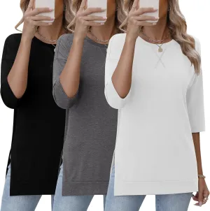 Huukeay 3 Pack Women's 3/4 Sleeve Cotton Tunic Tops Side Slit Loose Fit Round Neck Tee Shirt Casual Basic Blouse for Leggings