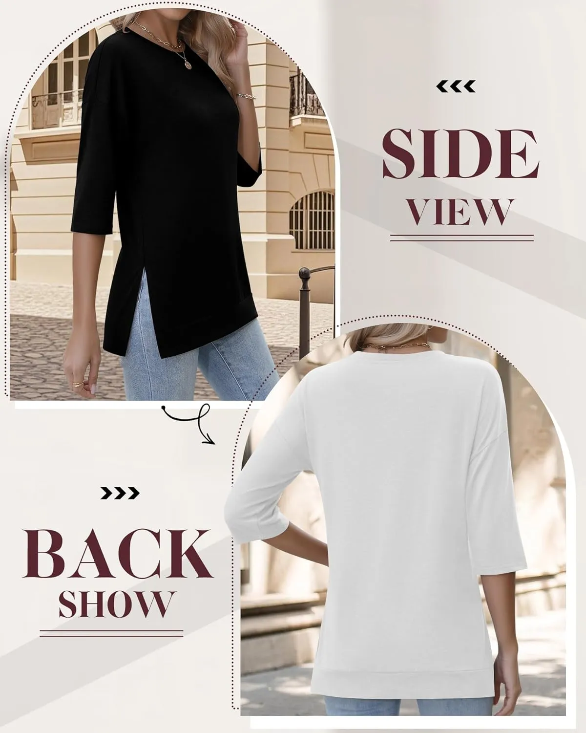Huukeay 3 Pack Women's 3/4 Sleeve Cotton Tunic Tops Side Slit Loose Fit Round Neck Tee Shirt Casual Basic Blouse for Leggings