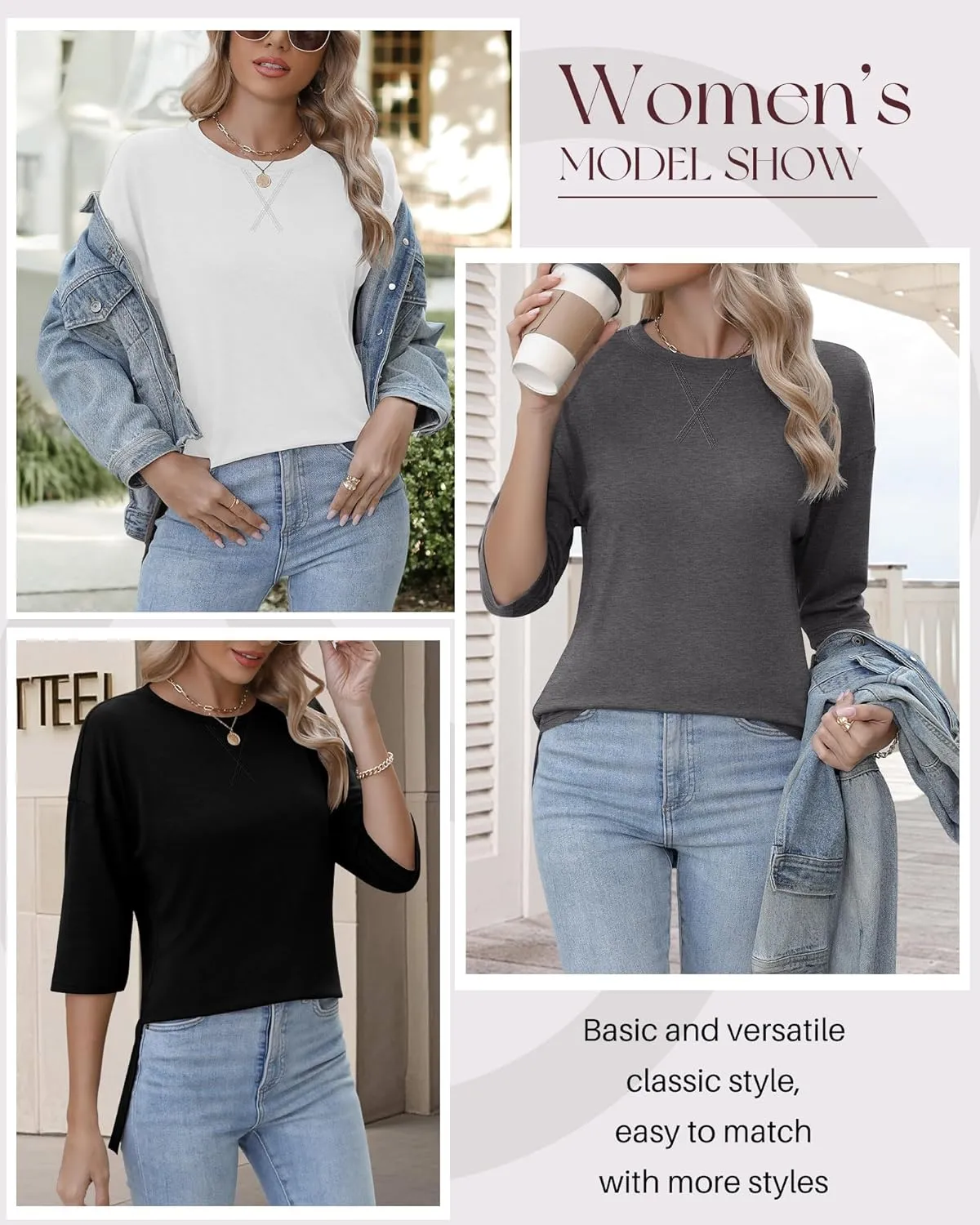 Huukeay 3 Pack Women's 3/4 Sleeve Cotton Tunic Tops Side Slit Loose Fit Round Neck Tee Shirt Casual Basic Blouse for Leggings