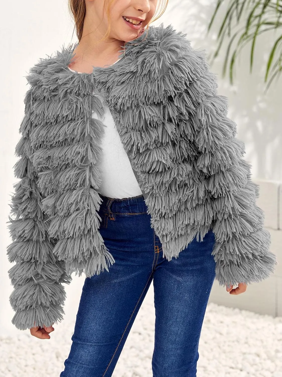Inorin Girls Open Front Cardigan Faux Fur Coat Warm Fuzzy Trendy Winter Vintage Parka Shaggy Party Outerwear Jackets Tops