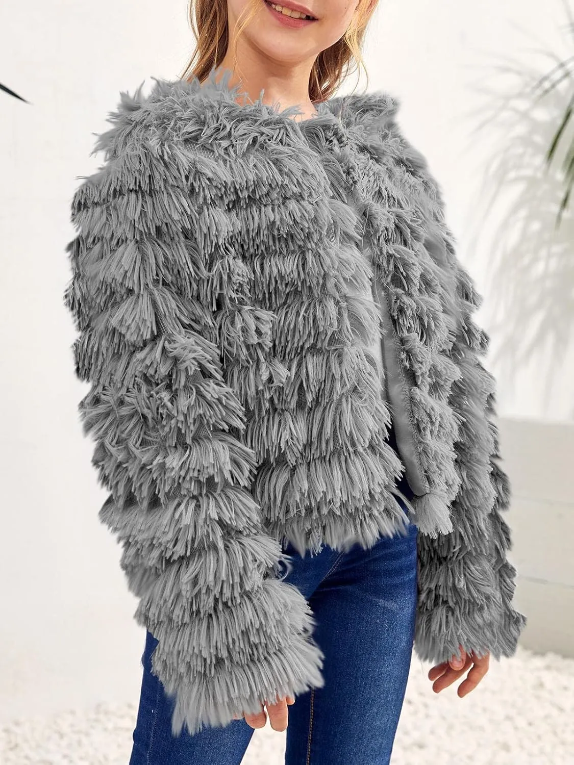 Inorin Girls Open Front Cardigan Faux Fur Coat Warm Fuzzy Trendy Winter Vintage Parka Shaggy Party Outerwear Jackets Tops