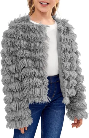 Inorin Girls Open Front Cardigan Faux Fur Coat Warm Fuzzy Trendy Winter Vintage Parka Shaggy Party Outerwear Jackets Tops