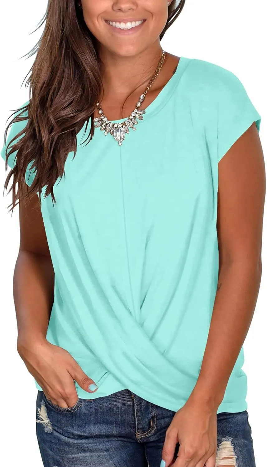 Jescakoo Women's Short Sleeve Round Neck T Shirt Front Twist Tunic Tops Casual Loose Fitted