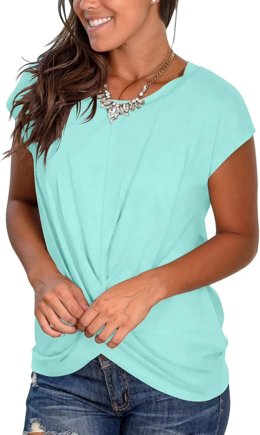 Jescakoo Women's Short Sleeve Round Neck T Shirt Front Twist Tunic Tops Casual Loose Fitted