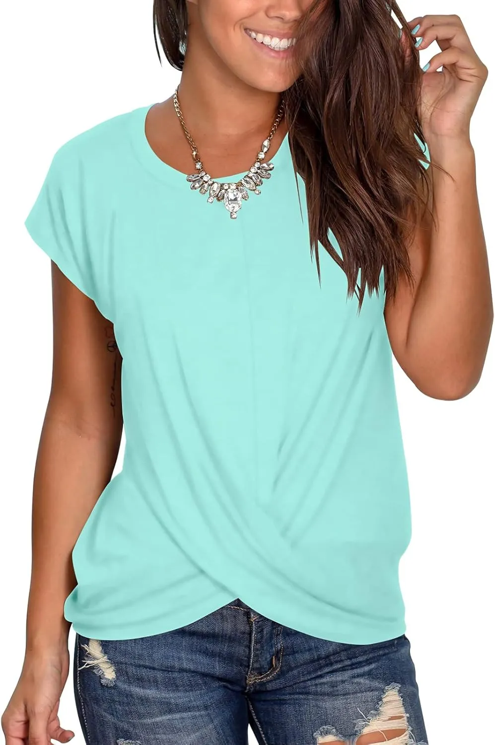 Jescakoo Women's Short Sleeve Round Neck T Shirt Front Twist Tunic Tops Casual Loose Fitted