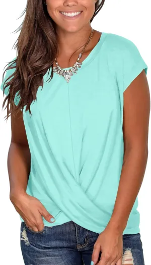 Jescakoo Women's Short Sleeve Round Neck T Shirt Front Twist Tunic Tops Casual Loose Fitted