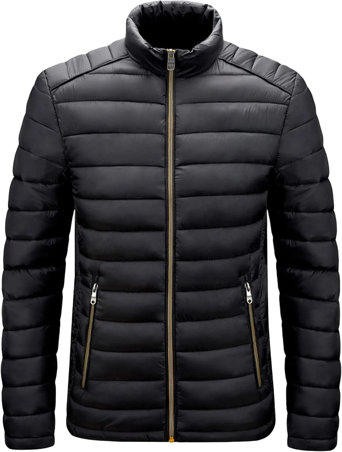 JEShifangjiusu Men Winter Cotton Padded Jacket Casual Stand Collar Hoodless Zipper Pocket Coat Thicken Long Sleeve Coats, Black, Large