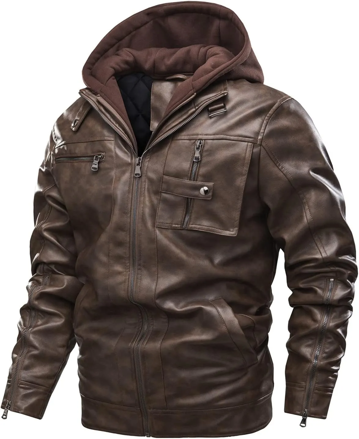 JEShifangjiusu Men?S Casual Stand Collar Pu Faux Leather Zip-Up Motorcycle Bomber Jacket Warm Coat With A Removable Hood