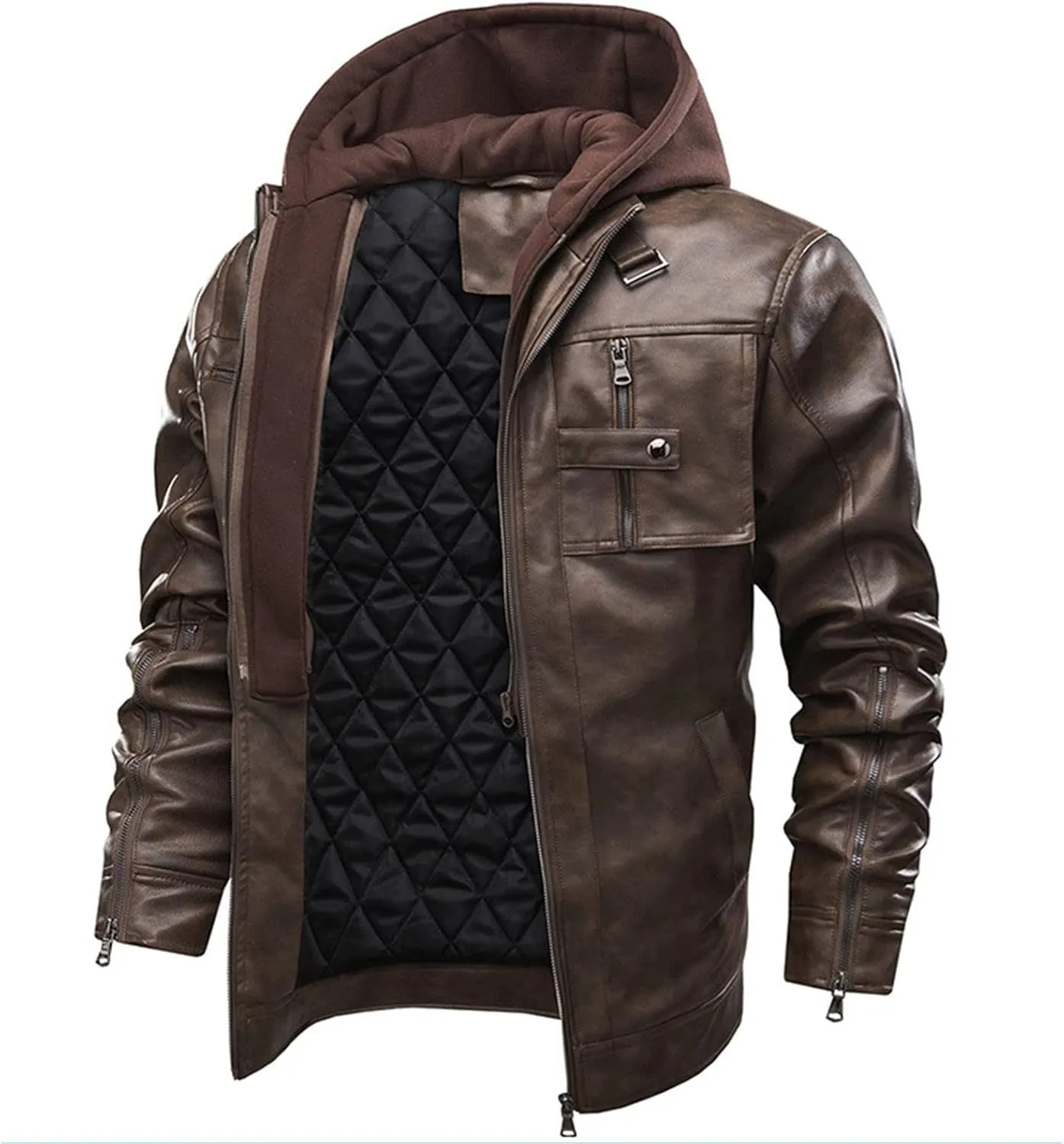JEShifangjiusu Men?S Casual Stand Collar Pu Faux Leather Zip-Up Motorcycle Bomber Jacket Warm Coat With A Removable Hood