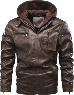 JEShifangjiusu Men?S Casual Stand Collar Pu Faux Leather Zip-Up Motorcycle Bomber Jacket Warm Coat With A Removable Hood