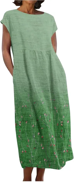 JOAU 2024 Women Summer Cotton Linen Dress Cap Sleeve Crewneck Midi Dresses Flowy Boho Floral Print Dress with Pockets