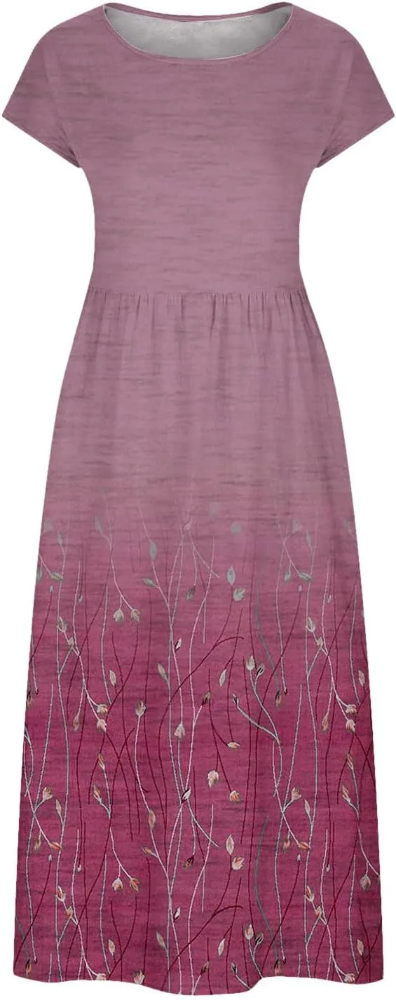 JOAU 2024 Women Summer Cotton Linen Dress Cap Sleeve Crewneck Midi Dresses Flowy Boho Floral Print Dress with Pockets