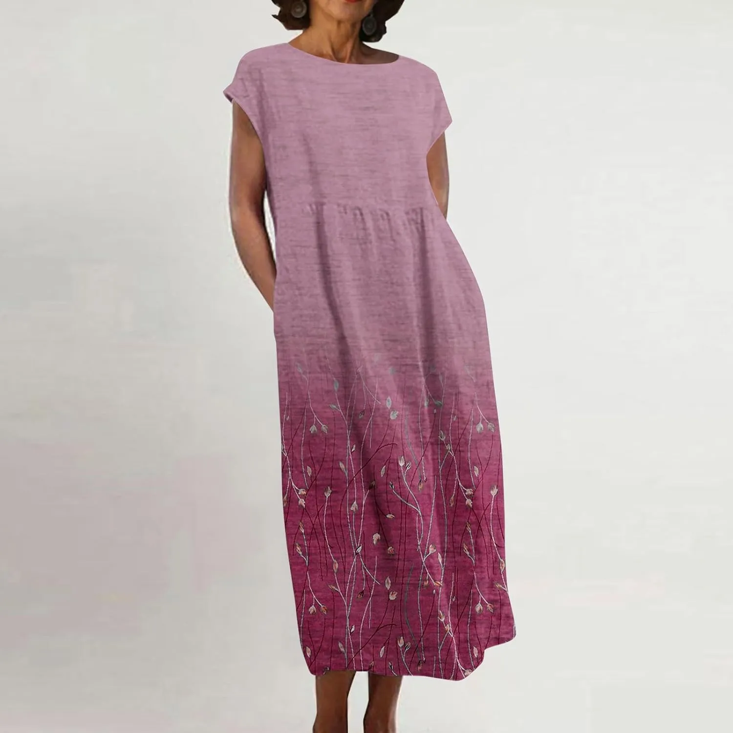 JOAU 2024 Women Summer Cotton Linen Dress Cap Sleeve Crewneck Midi Dresses Flowy Boho Floral Print Dress with Pockets
