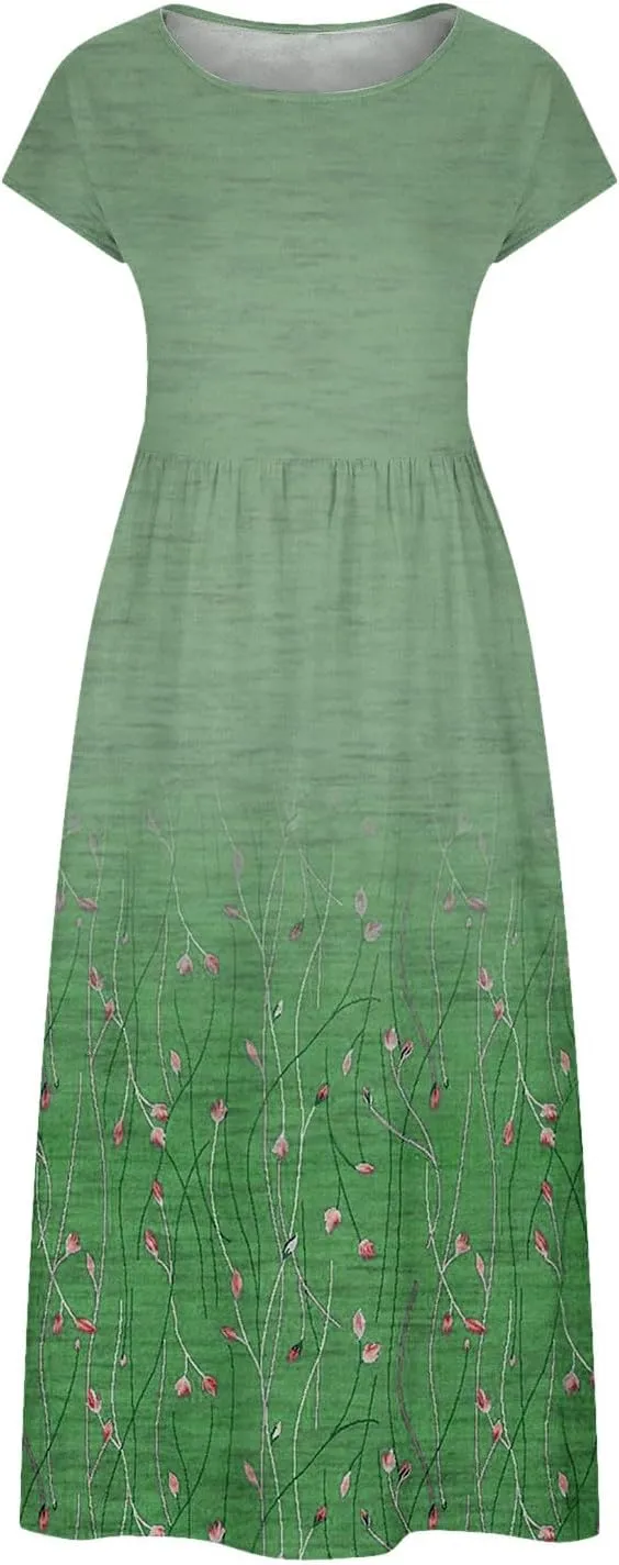 JOAU 2024 Women Summer Cotton Linen Dress Cap Sleeve Crewneck Midi Dresses Flowy Boho Floral Print Dress with Pockets