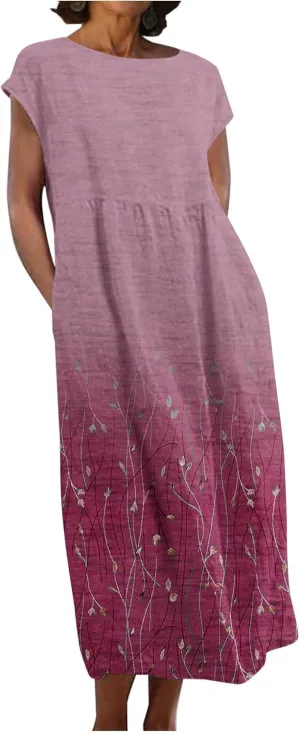 JOAU 2024 Women Summer Cotton Linen Dress Cap Sleeve Crewneck Midi Dresses Flowy Boho Floral Print Dress with Pockets