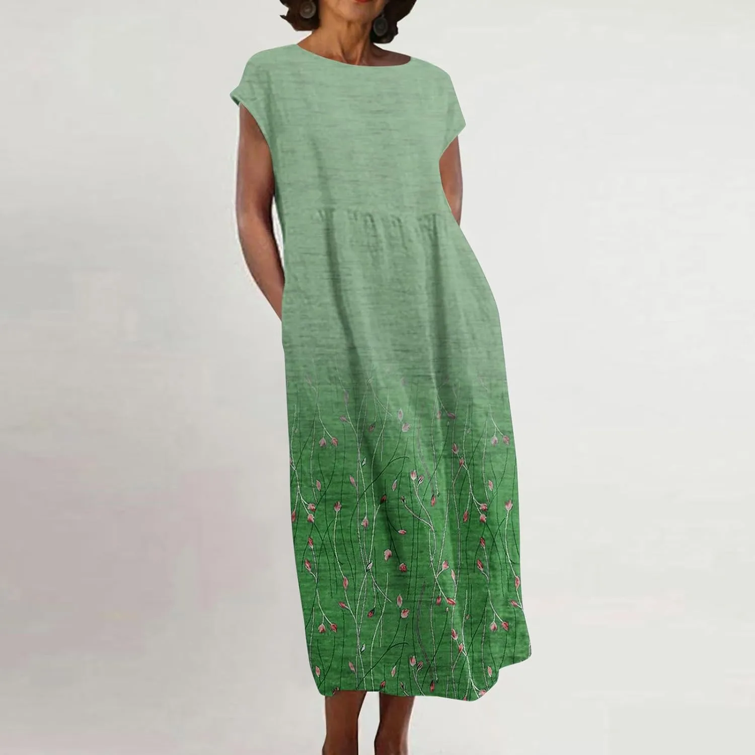 JOAU 2024 Women Summer Cotton Linen Dress Cap Sleeve Crewneck Midi Dresses Flowy Boho Floral Print Dress with Pockets