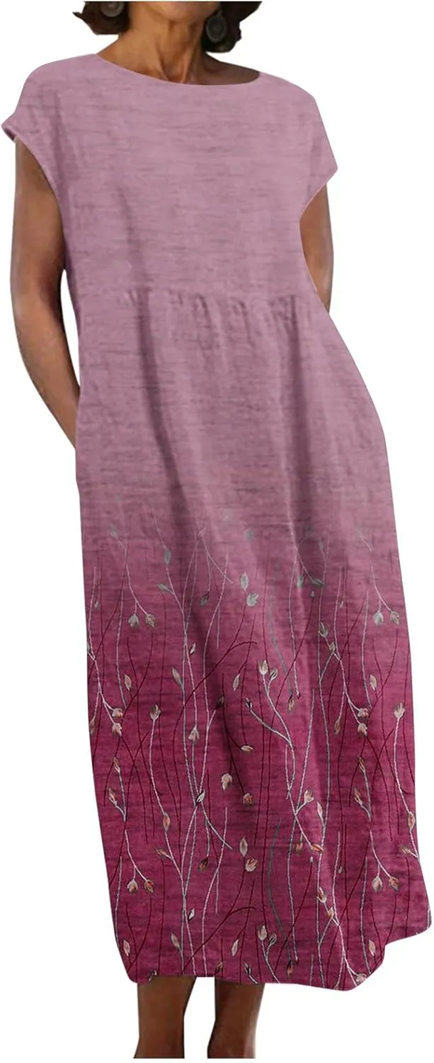 JOAU 2024 Women Summer Cotton Linen Dress Cap Sleeve Crewneck Midi Dresses Flowy Boho Floral Print Dress with Pockets