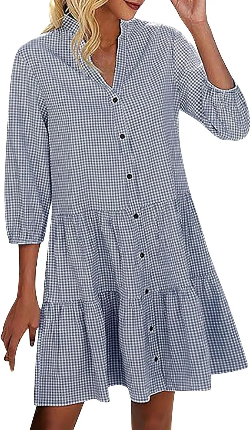 JOAU Women Summer Plaid Shirt Dresses Casual V Neck Button Down 3/4 Sleeve Loose Flowy Tiered Ruffle A-Line Knee Length Dress