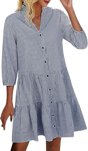 JOAU Women Summer Plaid Shirt Dresses Casual V Neck Button Down 3/4 Sleeve Loose Flowy Tiered Ruffle A-Line Knee Length Dress