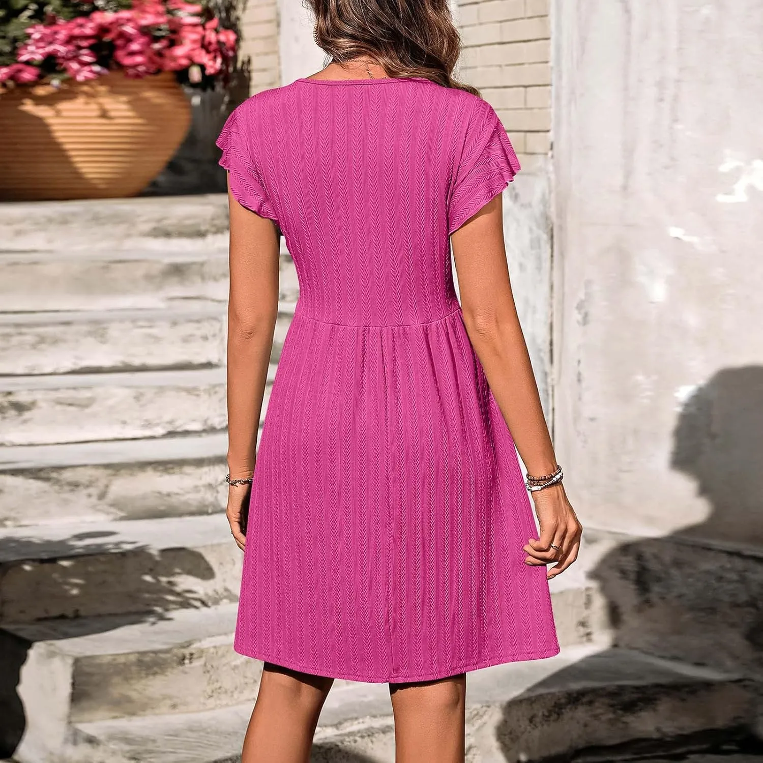 JOAU Womens Casual T-Shirt Mini Dresses Flowy Ruffle Short Sleeve V Neck Button Decor Dress A Line Loose Swing Short Dresses