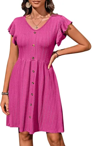 JOAU Womens Casual T-Shirt Mini Dresses Flowy Ruffle Short Sleeve V Neck Button Decor Dress A Line Loose Swing Short Dresses