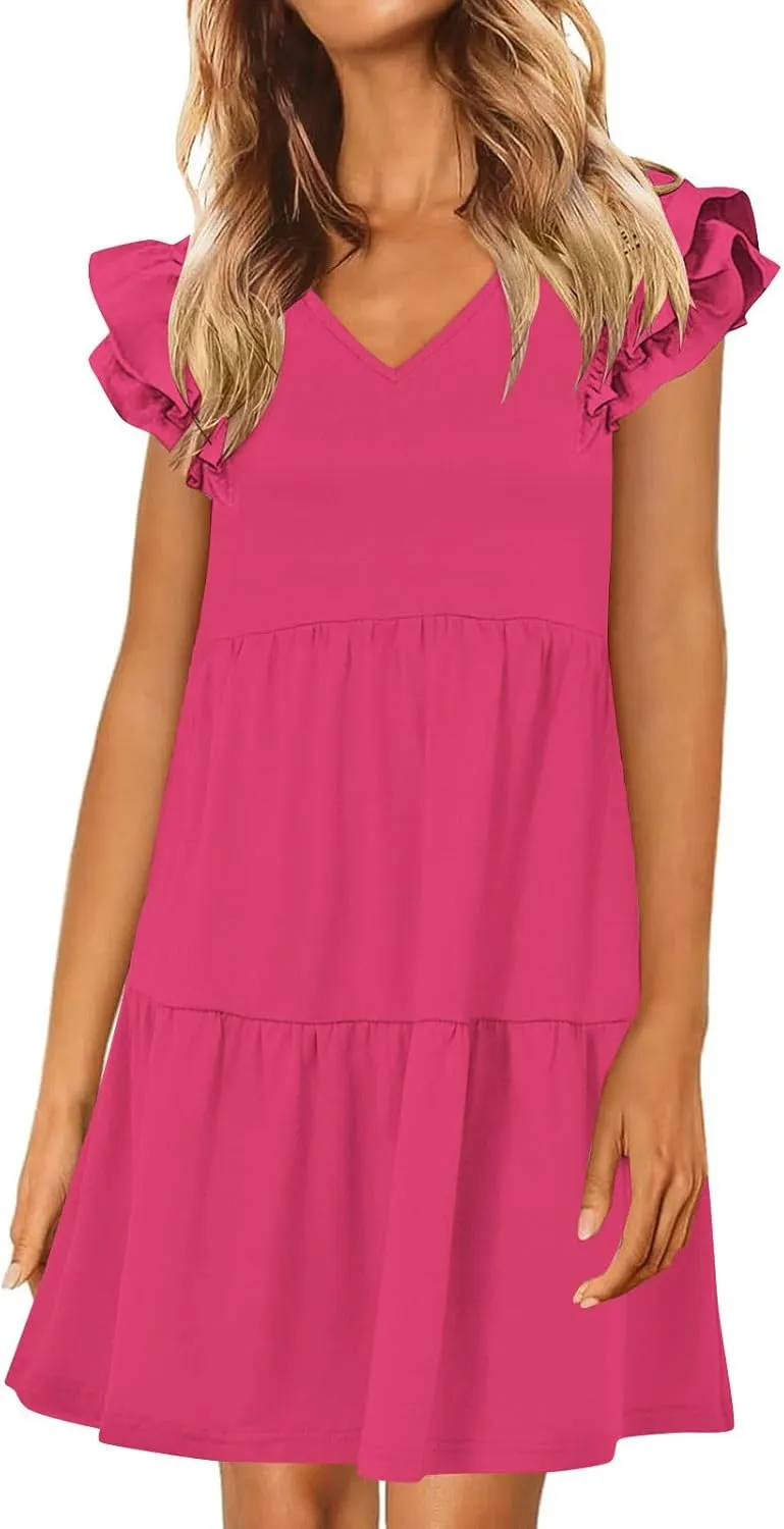 JOAU Women's Flutter Sleeve Summer Dress 2025 Casual V Neck Ruffle Flowy Tiered Knee Length A-Line Beach Vacation Sundress