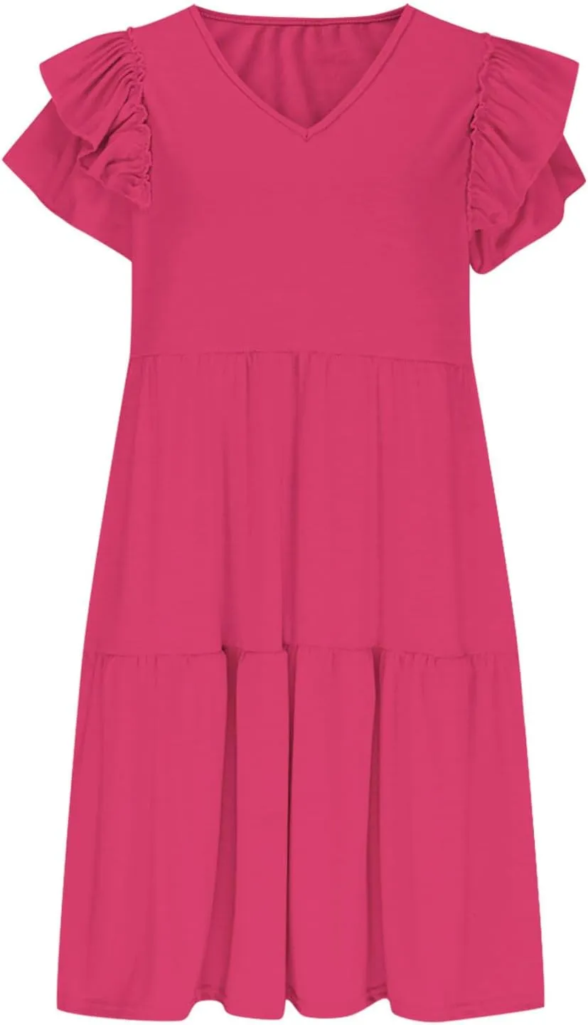 JOAU Women's Flutter Sleeve Summer Dress 2025 Casual V Neck Ruffle Flowy Tiered Knee Length A-Line Beach Vacation Sundress